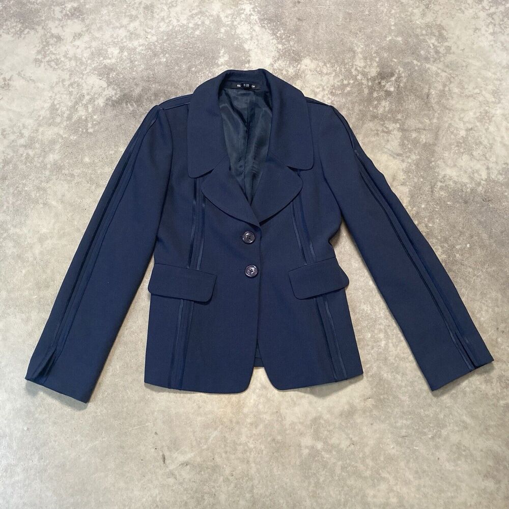 Ellen Tracy Blazer Womens 0‎ Navy Blue Single Breasted Virgin Wool Blend
